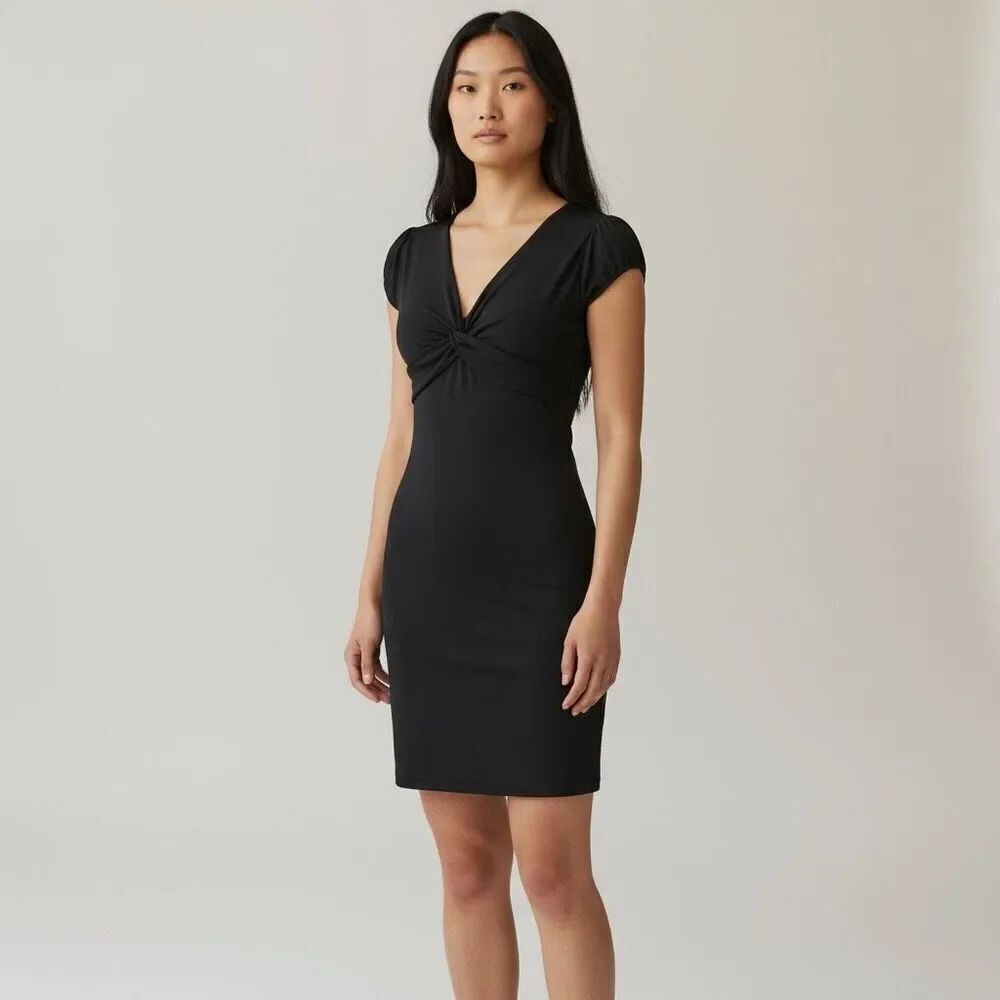 Mandee Solid Black V Neck Twist Front Stretchy Mini Dress Short Sleeve size L